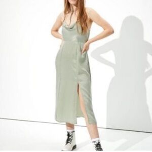 American Eagle Outfitters Satin Cowl Neck Midi Dress Sage Green Large Spring